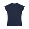 Navy blue women's Christian fitness t-shirt featuring a female weightlifter graphic with the slogan "Pray. Eat. Lift." and "Powered by Purpose."