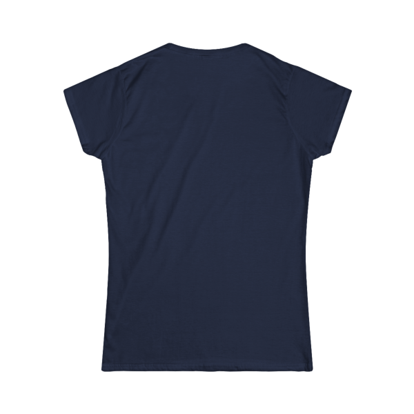 Navy blue women's Christian fitness t-shirt featuring a female weightlifter graphic with the slogan "Pray. Eat. Lift." and "Powered by Purpose."