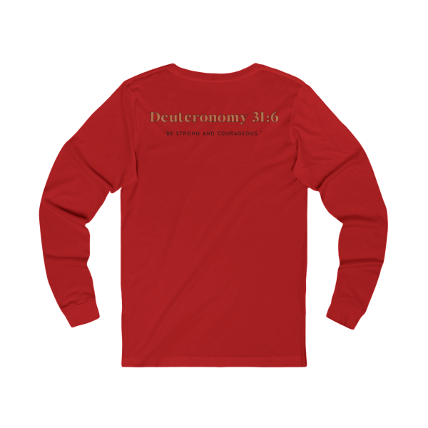 Red Christian fitness long sleeve shirt featuring a Spartan warrior lifting weights with Pray Eat Lift graphic and Kingdom Mindset Warrior Grind slogan.