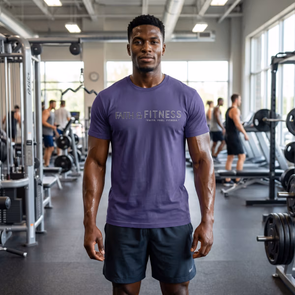Storm Faith & Fitness Christian workout T-shirt featuring the phrase “Faith. Fuel. Fitness.” for athletes, gym enthusiasts, and believers.