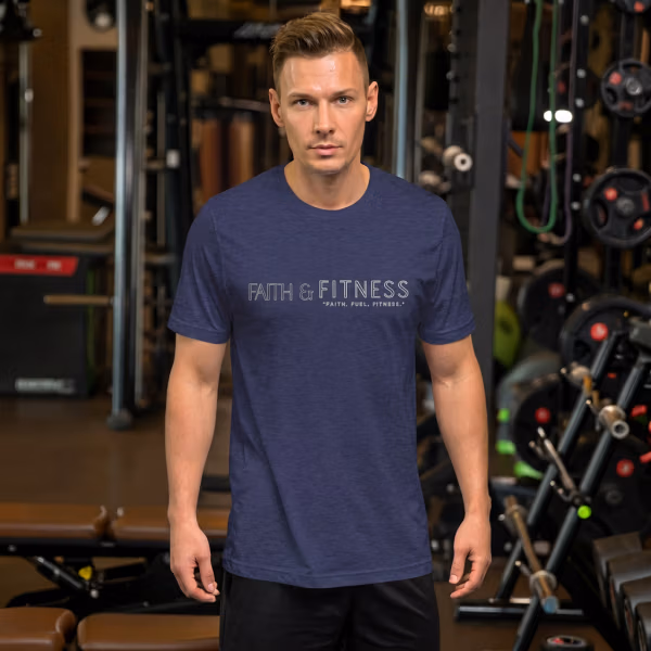 Midnight navy Faith & Fitness Christian fitness T-shirt featuring minimalist typography and the motivational slogan “Faith. Fuel. Fitness.” for active believers and athletes.