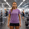Purple Rush Faith & Fitness T-shirt featuring the phrase “Faith. Fuel. Fitness.” Christian workout shirt for athletes, gym enthusiasts, and active believers.
