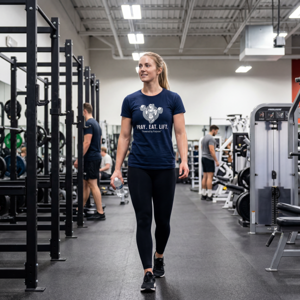 Navy blue women's Christian fitness t-shirt featuring a female weightlifter graphic with the slogan "Pray. Eat. Lift." and "Powered by Purpose."