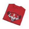 Red Christian fitness t-shirt featuring a Spartan warrior lifting a barbell with the bold Pray Eat Lift slogan for athletes, weightlifters, and gym enthusiasts.