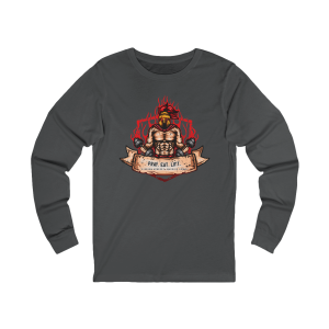 Dark gray long sleeve Christian fitness shirt featuring a Spartan warrior lifting dumbbells with Pray Eat Lift graphic.
