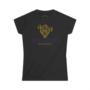 Black women's Christian fitness t-shirt featuring a female weightlifter graphic with the phrase "Pray. Eat. Lift." and "Powered by Purpose."