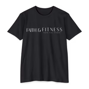 Black Faith & Fitness Christian workout T-shirt featuring a minimalist white typography design with the slogan "Faith. Fuel. Fitness."