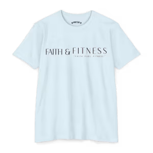 Ice Blue Faith and Fitness Shirt with Christian fitness graphic, faith-based workout apparel for gym training and active lifestyles.