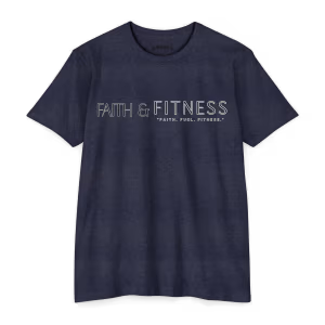 Front view of a midnight navy Faith & Fitness Christian workout T-shirt featuring the "Faith & Fitness" graphic and "Faith. Fuel. Fitness." slogan on a premium athletic tee.