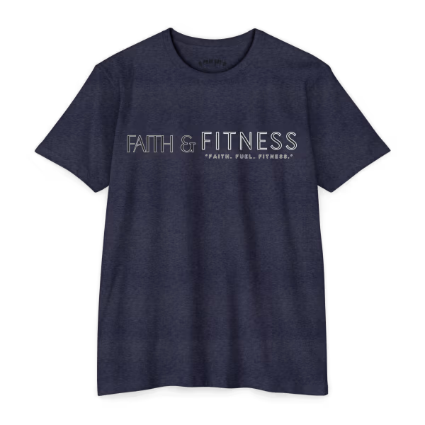 Midnight navy Faith & Fitness Christian fitness T-shirt featuring minimalist typography and the motivational slogan “Faith. Fuel. Fitness.” for active believers and athletes.