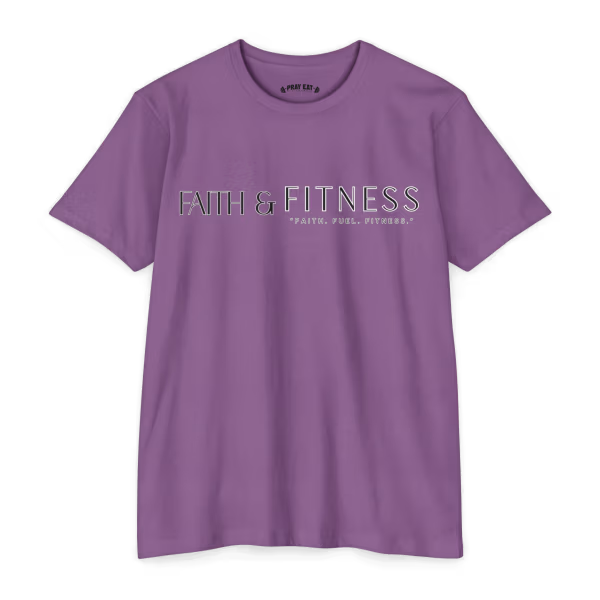 Purple Rush Faith & Fitness T-shirt featuring the phrase “Faith. Fuel. Fitness.” Christian workout shirt for athletes, gym enthusiasts, and active believers.