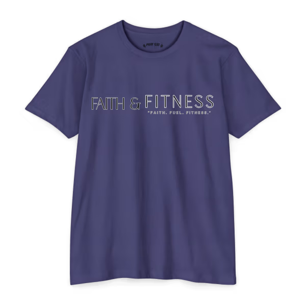 Storm Faith & Fitness Christian workout T-shirt featuring the phrase “Faith. Fuel. Fitness.” for athletes, gym enthusiasts, and believers.