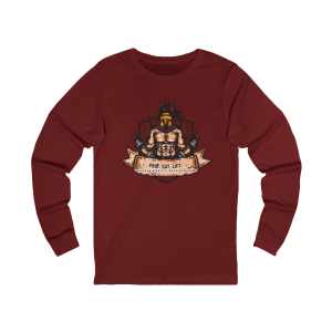 Cardinal red long sleeve shirt featuring a muscular Spartan warrior graphic with the phrase "Pray Eat Lift" for Christian fitness enthusiasts.