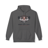 Charcoal grey Christian fitness hoodie featuring a Spartan warrior lifting a barbell with the bold "Pray Eat Lift" slogan for faith-driven athletes and strength training enthusiasts.