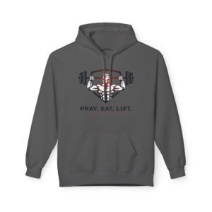 Front view of a Charcoal Pray Eat Lift Christian Fitness Hoodie featuring a Spartan warrior lifting a barbell with a bold Christian fitness graphic.