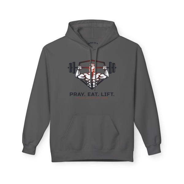 Charcoal grey Christian fitness hoodie featuring a Spartan warrior lifting a barbell with the bold "Pray Eat Lift" slogan for faith-driven athletes and strength training enthusiasts.