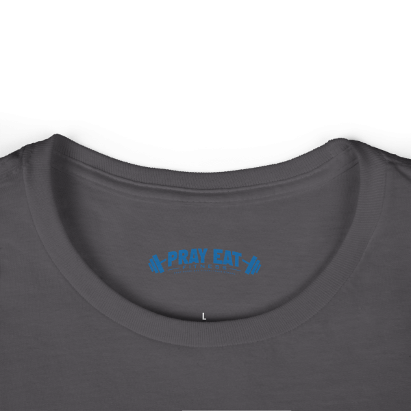 Women's charcoal Christian fitness t-shirt featuring a female weightlifter graphic with Pray Eat Lift slogan and Powered by Purpose motivational message.