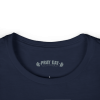 Navy blue women's Christian fitness t-shirt featuring a female weightlifter graphic with the slogan "Pray. Eat. Lift." and "Powered by Purpose."