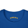 Royal blue women's Christian fitness t-shirt featuring a female weightlifter graphic with the slogan "Pray. Eat. Lift." and "Powered by Purpose."