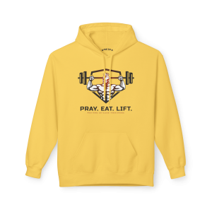 Daisy yellow Pray Eat Lift Christian fitness hoodie featuring a Spartan weightlifting graphic and motivational gym design.
