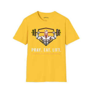 Yellow Pray Eat Lift Spartan Christian gym T-shirt featuring a Spartan warrior lifting a barbell with the slogan "Pray. Eat. Lift." for faith-based fitness enthusiasts.