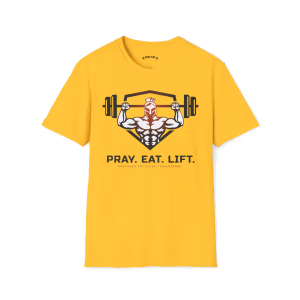 Daisy yellow Pray Eat Lift Christian fitness T-shirt featuring a Spartan warrior lifting a barbell with a bold motivational graphic.
