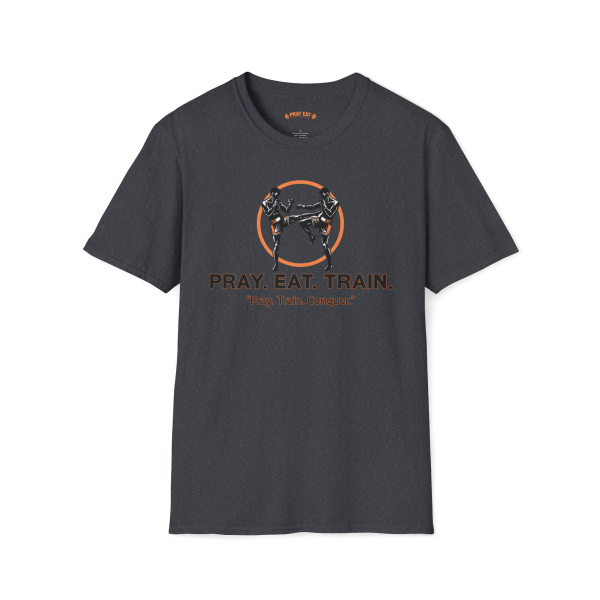 Dark Heather Grey Christian MMA t-shirt featuring two martial artists sparring inside an orange circle with Pray Eat Train text and Pray. Train. Conquer. slogan.