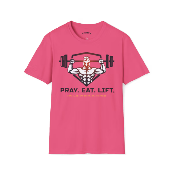 Heliconia pink Christian fitness T-shirt featuring a Spartan warrior lifting a barbell with the Pray Eat Lift slogan for athletes and weightlifters.