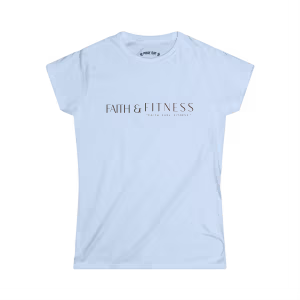 Light blue Faith & Fitness Christian workout T-shirt featuring a minimalist faith-inspired design for gym enthusiasts and active believers.