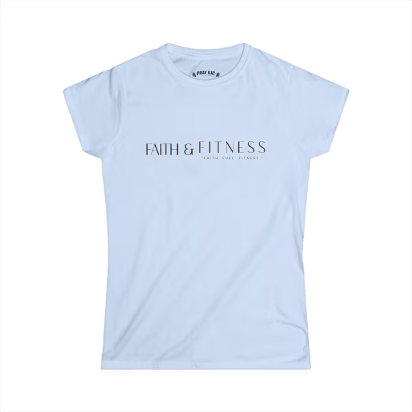 Light blue Faith & Fitness Christian workout T-shirt featuring a minimalist faith-inspired design for gym enthusiasts and active believers.
