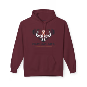 Maroon Pray Eat Lift Christian fitness hoodie featuring a Spartan warrior lifting a barbell graphic on the front.