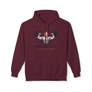 Front view of a maroon Christian fitness hoodie featuring a Spartan warrior lifting a barbell with the "Pray. Eat. Lift." motivational graphic.