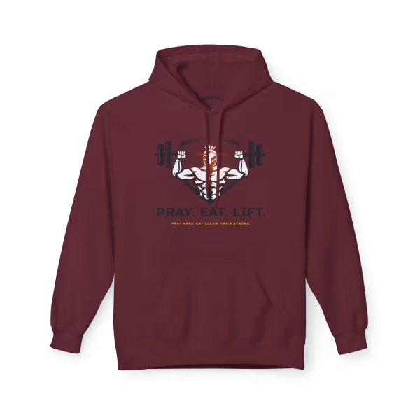 Maroon Pray Eat Lift Christian fitness hoodie featuring a Spartan warrior lifting a barbell graphic on the front.