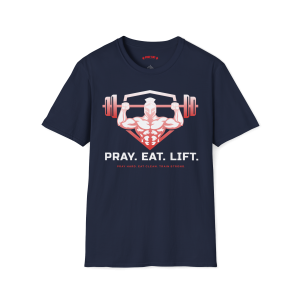 Navy Christian fitness T-shirt featuring a Spartan warrior lifting a barbell with the Pray Eat Lift slogan.