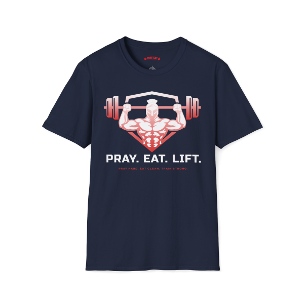 Navy Christian fitness T-shirt featuring a Spartan warrior lifting a barbell with the Pray Eat Lift slogan.