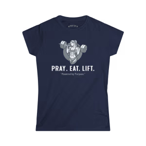 Navy blue women's Pray Eat Lift Christian fitness t-shirt featuring a female weightlifter graphic and Powered by Purpose slogan.