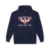 Navy blue Christian fitness hoodie featuring a Spartan warrior lifting a barbell with the Pray Eat Lift slogan and faith-based gym motivation design.