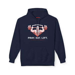 Navy blue Christian fitness hoodie featuring a Spartan warrior lifting a barbell with the Pray Eat Lift slogan and faith-based gym motivation design.