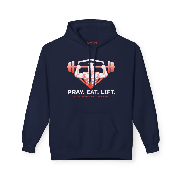 Navy blue Christian fitness hoodie featuring a Spartan warrior lifting a barbell with the Pray Eat Lift slogan and faith-based gym motivation design.