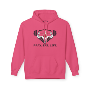 Pink Christian fitness hoodie featuring a weightlifting warrior graphic and Pray Eat Lift design for women.
