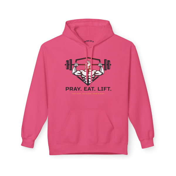 Pink Christian fitness hoodie featuring a weightlifting warrior graphic and Pray Eat Lift design for women.