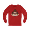 Red Christian fitness long sleeve shirt featuring a Spartan warrior lifting weights with Pray Eat Lift graphic and Kingdom Mindset Warrior Grind slogan.