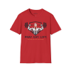 Red Christian fitness t-shirt featuring a Spartan warrior lifting a barbell with the bold Pray Eat Lift slogan for athletes, weightlifters, and gym enthusiasts.