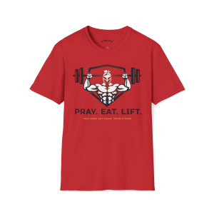 Red Christian fitness t-shirt featuring a Spartan warrior lifting a barbell with the bold Pray Eat Lift slogan for athletes, weightlifters, and gym enthusiasts.