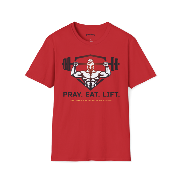 Red Christian fitness t-shirt featuring a Spartan warrior lifting a barbell with the bold Pray Eat Lift slogan for athletes, weightlifters, and gym enthusiasts.