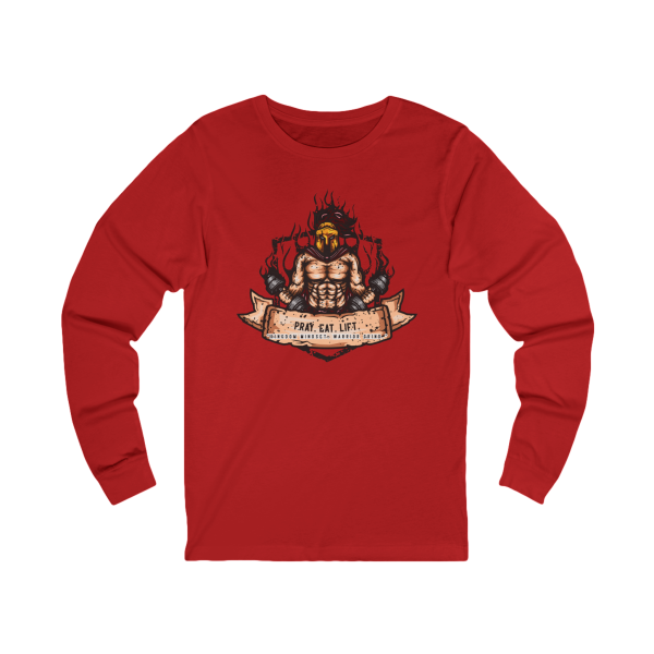 Red Christian fitness long sleeve shirt featuring a Spartan warrior lifting weights with Pray Eat Lift graphic and Kingdom Mindset Warrior Grind slogan.