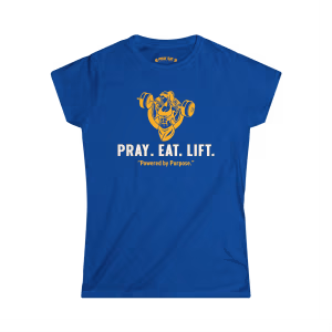 Royal blue women's Christian fitness t-shirt featuring a female weightlifter graphic and the Pray Eat Lift slogan.