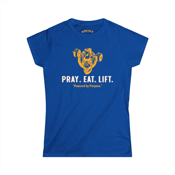 Royal blue women's Christian fitness t-shirt featuring a female weightlifter graphic and the Pray Eat Lift slogan.