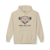 Sand-colored Christian fitness hoodie featuring a Spartan warrior lifting a barbell with the bold slogan "Pray Eat Lift" for faith-driven athletes and gym enthusiasts.