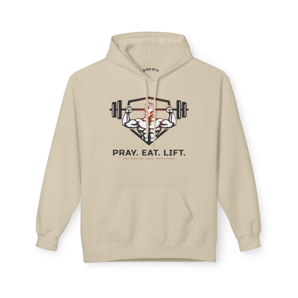 Sand-colored Christian fitness hoodie featuring a Spartan warrior lifting a barbell with the bold slogan "Pray Eat Lift" for faith-driven athletes and gym enthusiasts.